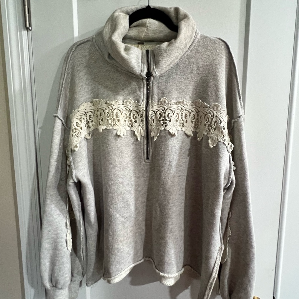 Free People Gray Lace Half Zip Oversized Sweatshirt Boho Pullover